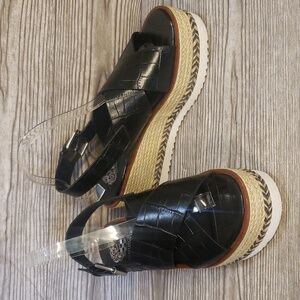 Vince Camuto Black Embossed Straps Espadrilles Platforms Women's Shoes Size 7.5